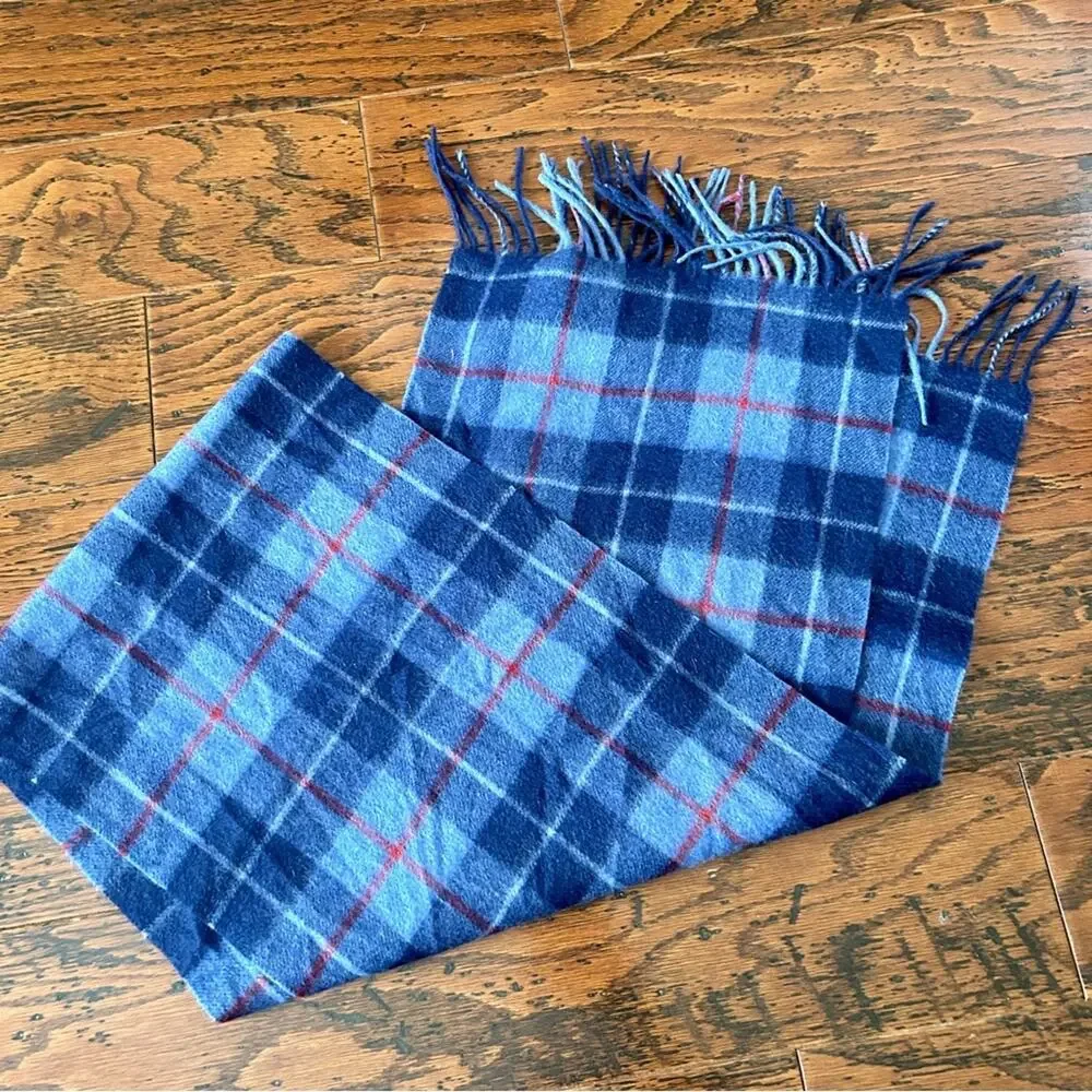 Louisa Perini Men's Fringed 100% Cashmere Scarf in Blue Tartan NWT